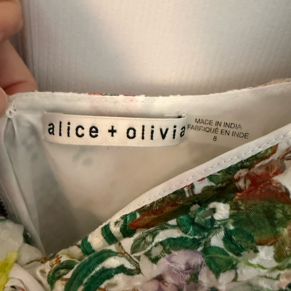 Alice + Olivia White Multi Floral Tie-Front Puff Sleeve Mini Dress - Picture 4 of 4
